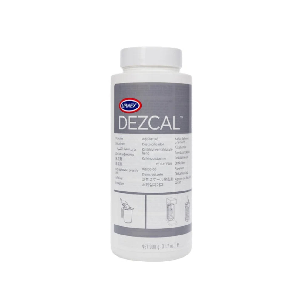 A white plastic bottle of Urnex Dezcal disinfectant with a gray label, shown on a plain white background.