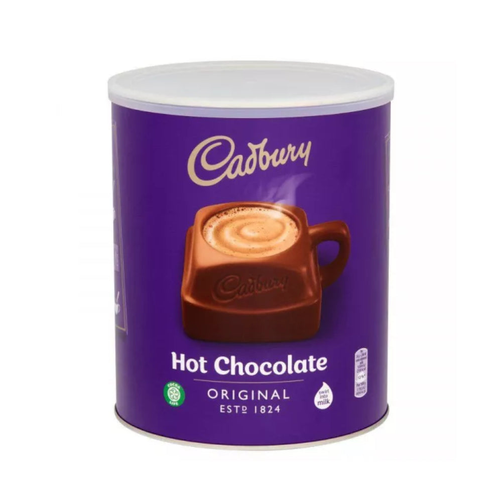 A purple Cadbury Hot Chocolate Original canister with a clear lid, featuring an illustration of a hot chocolate cup on the front label.