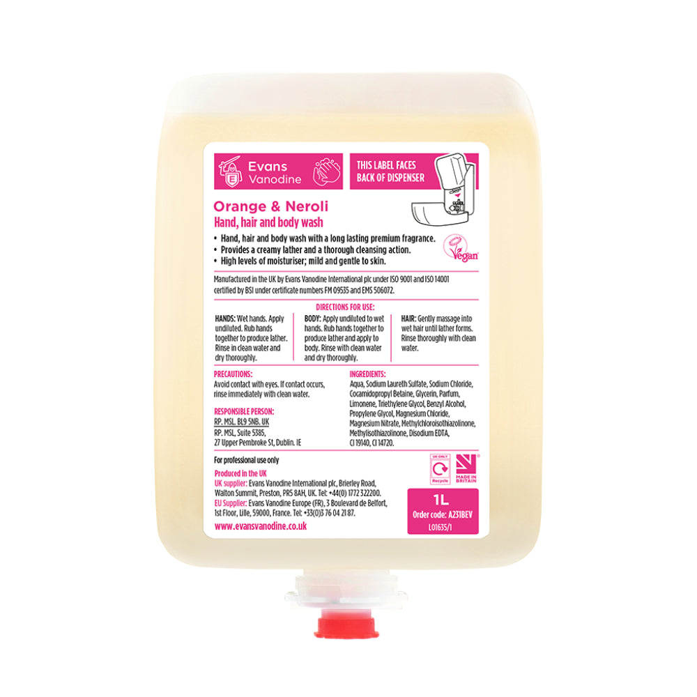 Hand, Hair & Body Wash Orange & Neroli Cartridge 1L (Pack of 6) 1