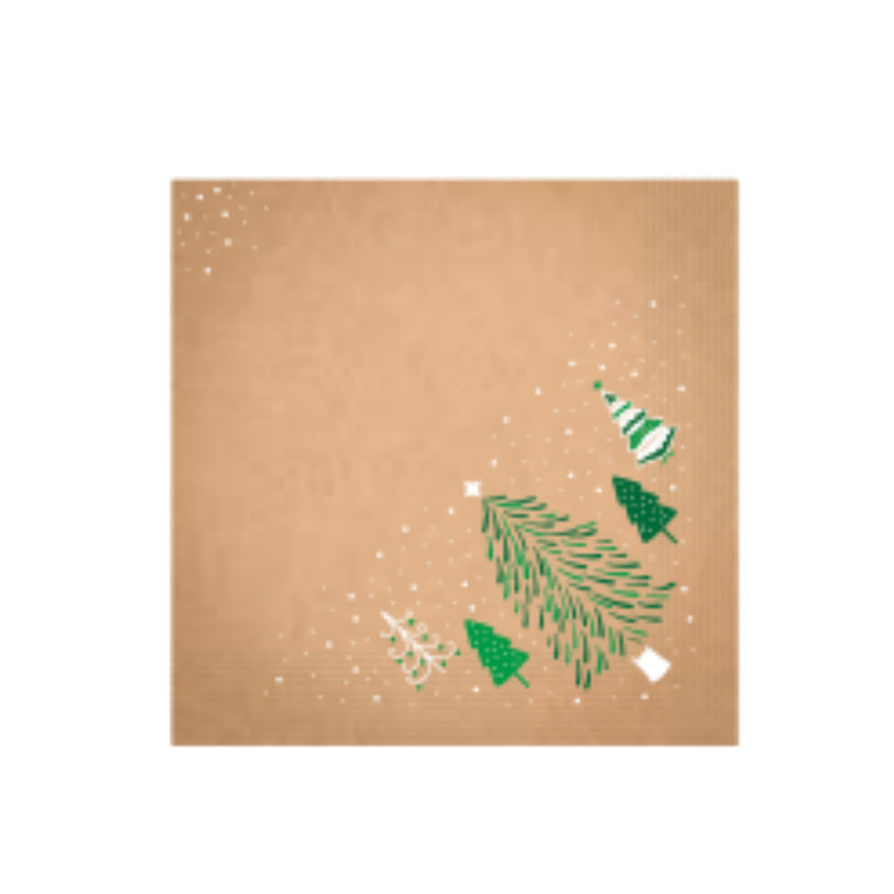 A square kraft paper napkin featuring a minimalist Christmas design with green pine trees, small white stars, and a striped green-and-white ornament on a plain white background.