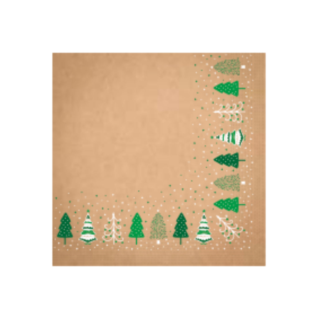 A square kraft paper napkin featuring a minimalist Christmas design with green pine trees, small white stars, and a striped green-and-white ornament on a plain white background.