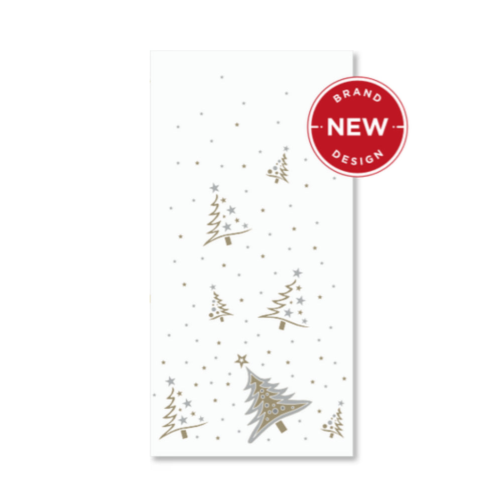 A white rectangular napkin featuring a festive Christmas design with silver and gold tree illustrations and small gold stars, accompanied by a red circular 'Brand New Design' badge overlay.