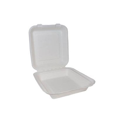8" Square White Bagasse Hinged Box