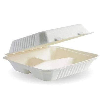 9" Bagasse 3 Compartment Clamshell Meal Box